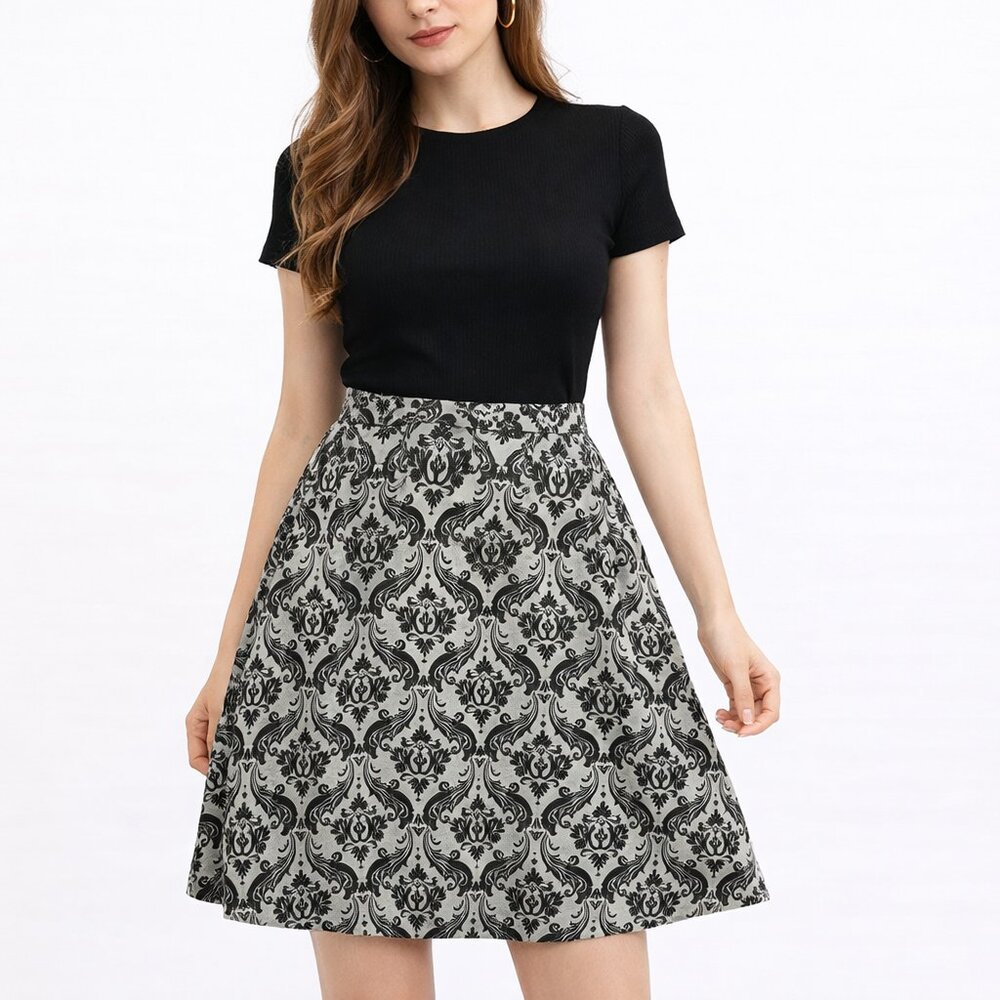 Tranquility women's stretch A-line skirt with a black and white damask print